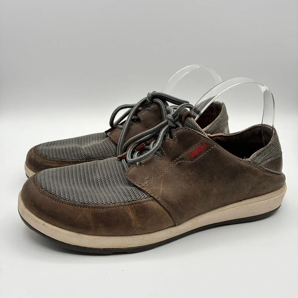 OluKai Makia Leather Boat Shoes Mens 9 EU 42 Brown Gray Lace Up Sneakers